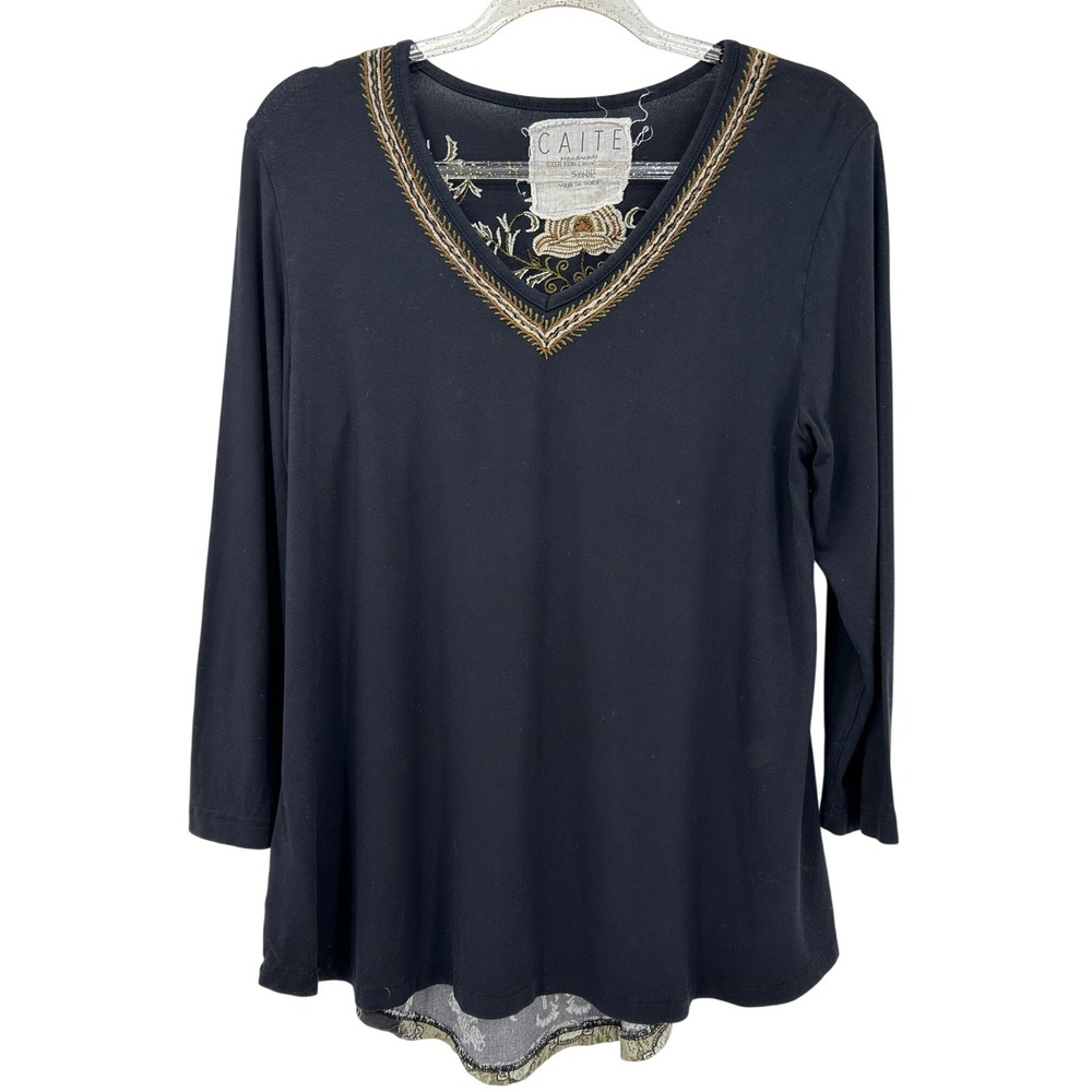 CAITE‎ Black Embroidered V-Neck Mixed Media Boho Top Small 3/4 Sleeve Womens